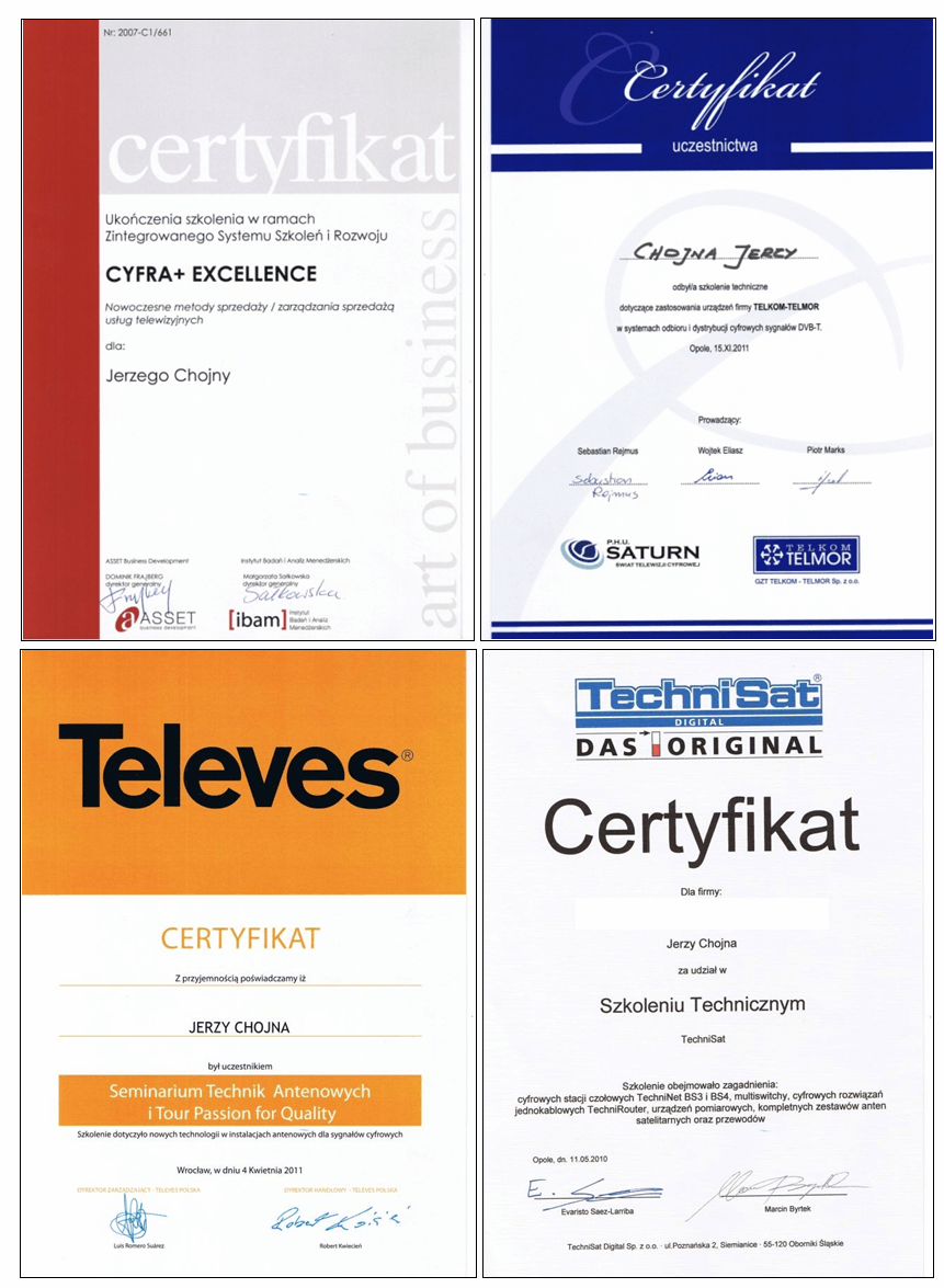 certyfikaty ze szkoleń o tematyce instalacji antenowych